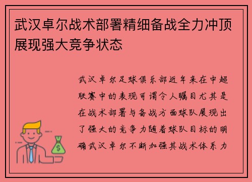 武汉卓尔战术部署精细备战全力冲顶展现强大竞争状态