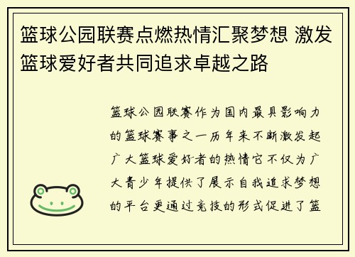 篮球公园联赛点燃热情汇聚梦想 激发篮球爱好者共同追求卓越之路