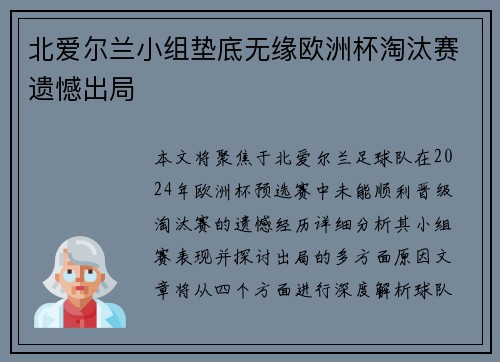 北爱尔兰小组垫底无缘欧洲杯淘汰赛遗憾出局