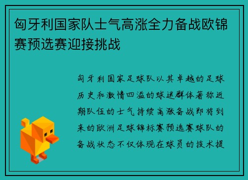 匈牙利国家队士气高涨全力备战欧锦赛预选赛迎接挑战
