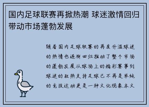 国内足球联赛再掀热潮 球迷激情回归带动市场蓬勃发展