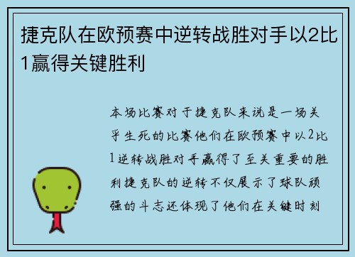 捷克队在欧预赛中逆转战胜对手以2比1赢得关键胜利