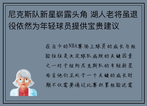 尼克斯队新星崭露头角 湖人老将虽退役依然为年轻球员提供宝贵建议