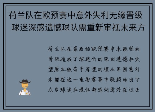 荷兰队在欧预赛中意外失利无缘晋级 球迷深感遗憾球队需重新审视未来方向