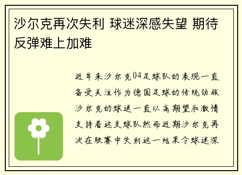沙尔克再次失利 球迷深感失望 期待反弹难上加难